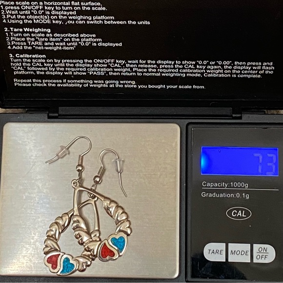 Vintage Signed Yin Yang Hearts Turquoise & Coral Inlay Silver Drop Earrings - Picture 6 of 11